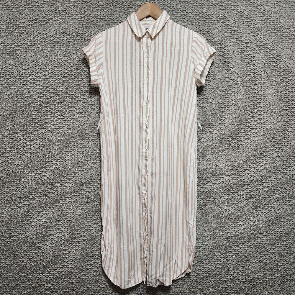 LOFT Women's Peach Button Up Collared Cap Sleeve Striped Mid-Length Dress Size S
